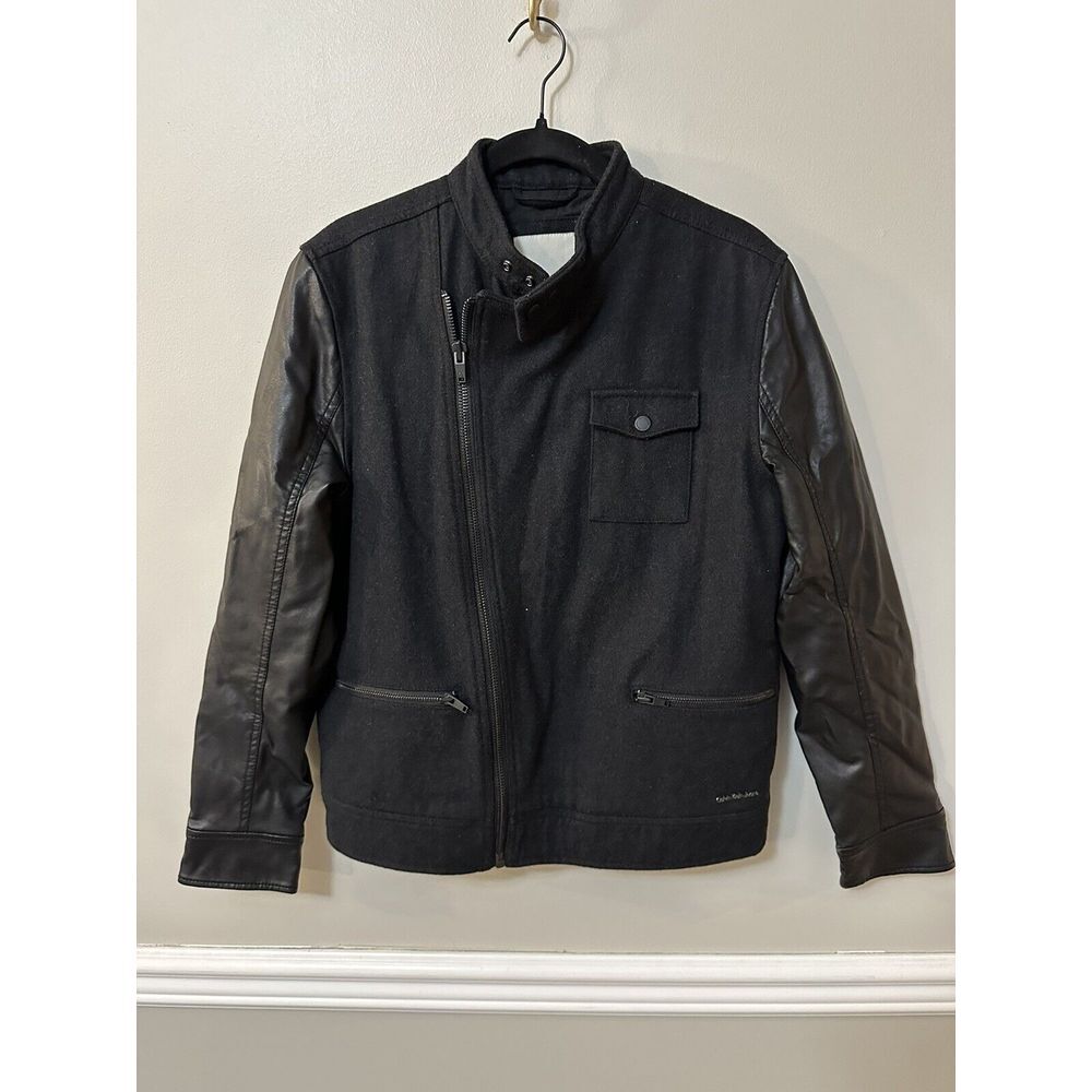 Calvin Klein Jeans Mens Mix Media Military Biker Jacket Size S Black Wool‎ Blend